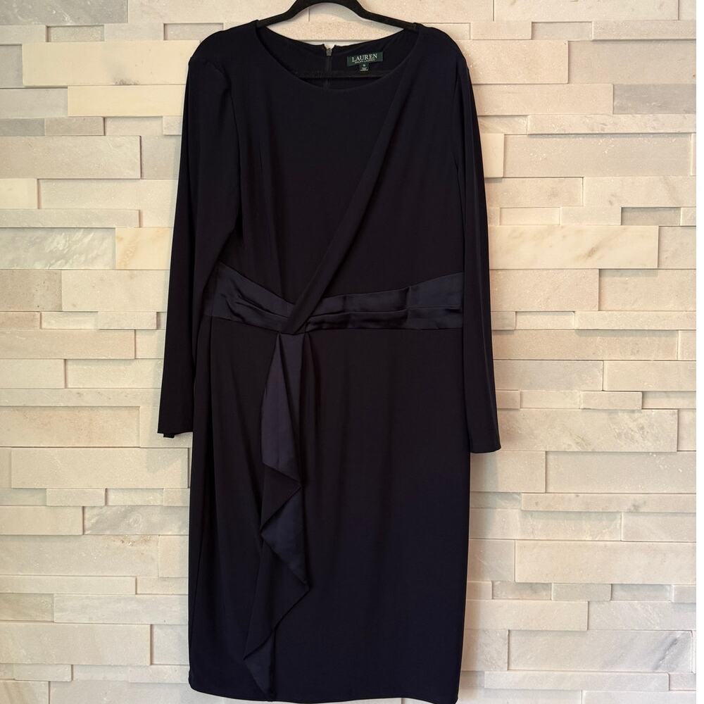 LAUREN RALPH LAUREN Faux Wrap Boatneck Satin Trim Midi Party Dress Navy Blue 16